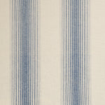 Detail of a cotton fabric in an irregular stripe pattern in blue on a cream field.