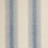 Detail of a cotton fabric in an irregular stripe pattern in blue on a cream field.