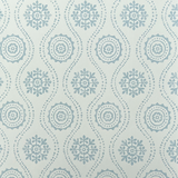 Detail of wallpaper in a playful floral stripe in blue-gray on a light blue field.