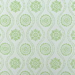 Detail of wallpaper in a playful floral stripe in green on a light blue field.