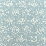 Detail of wallpaper in a playful floral stripe in cream on a blue-gray field.