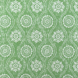 Detail of wallpaper in a playful floral stripe in cream on a green field.