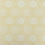 Detail of wallpaper in a playful floral stripe in cream on a yellow field.