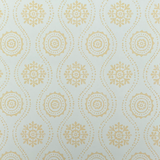 Detail of wallpaper in a playful floral stripe in yellow on a gray field.