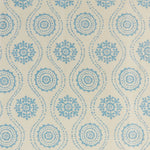 Detail of fabric in a playful floral stripe in blue on a cream field.