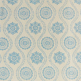 Detail of fabric in a playful floral stripe in blue on a cream field.