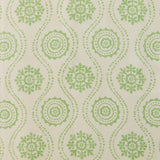 Detail of fabric in a playful floral stripe in green on a cream field.