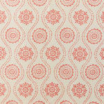 Detail of fabric in a playful floral stripe in orange on a cream field.