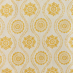 Detail of fabric in a playful floral stripe in yellow on a cream field.