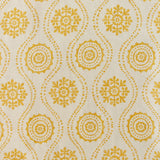 Detail of fabric in a playful floral stripe in yellow on a cream field.