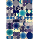 A rug with a geometric and circular pattern in shades of blue, purple, and ivory.
