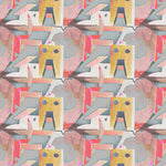 Detail of fabric in an abstract shape print in shades of pink, blue and mustard.