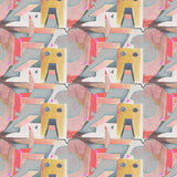 Detail of fabric in an abstract shape print in shades of pink, blue and mustard.