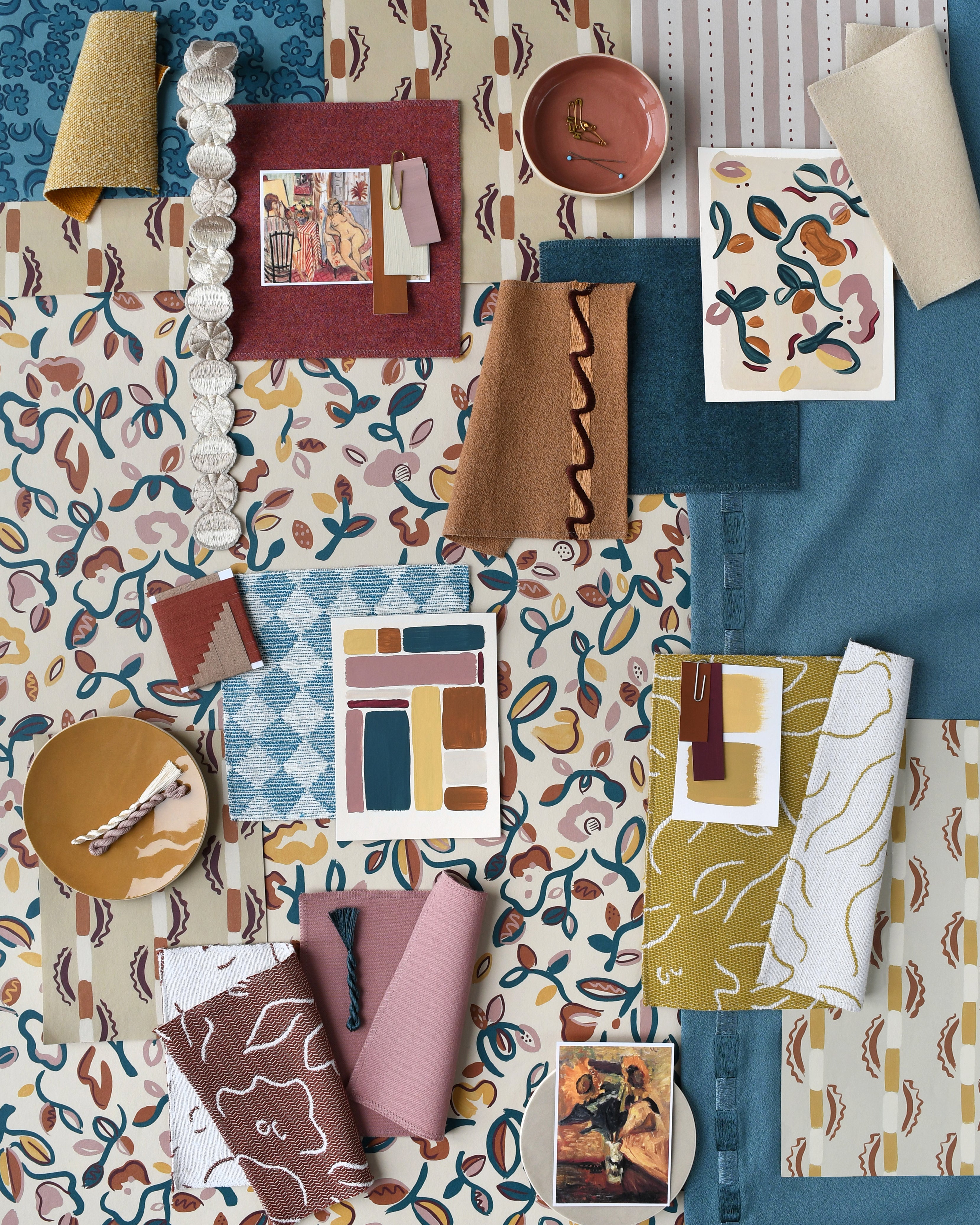 Moodboard image featuring various fabrics, and wallpapers in shades of mauve, blue, teal and rust red.