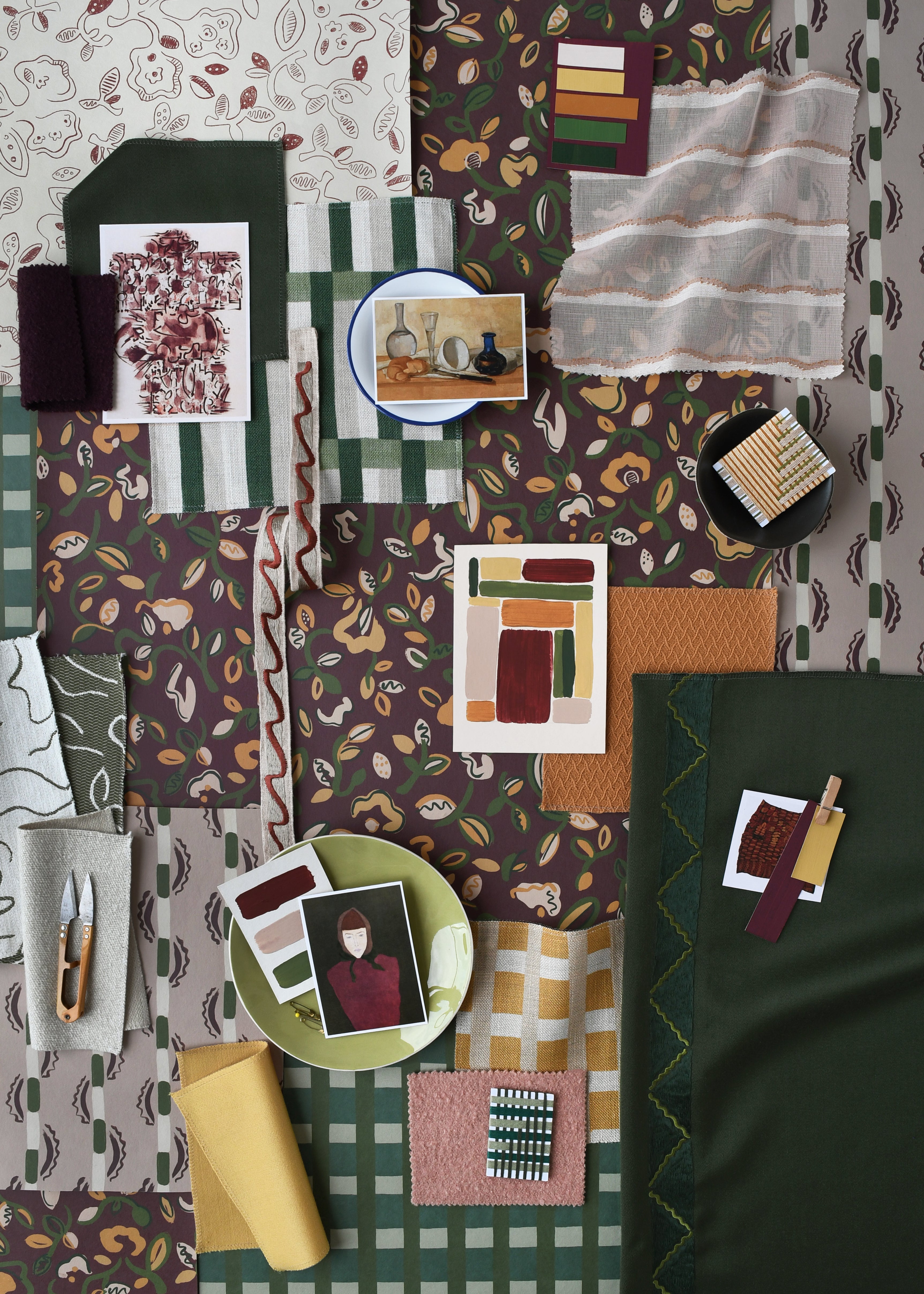 Collage of various patterns and textures with a focus on purples, orange and green.