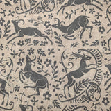 Detail of wallpaper in a deer, leaf and flower print in gray on a mottled tan field.