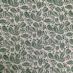 Detail of wallpaper in a repeating leaf print in dark green on a white field.