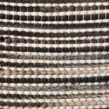 Detail of a woven leather rug in a striped grid texture in shades of brown and cream.