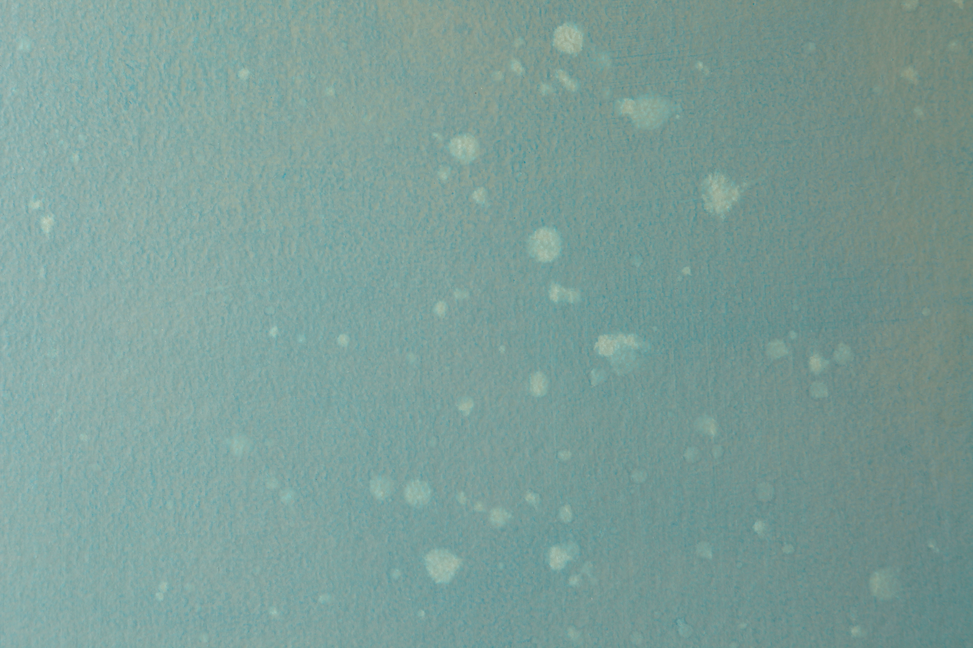 Detail of a wallpaper in a blurred paint splatter pattern in light blue on a turquoise field.