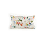 Rectangular throw pillow with an abstract multicolor embroidered pattern on a mottled greige field.