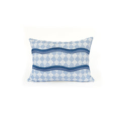 Rectangular throw pillow with an embroidered wave pattern in shades of blue on a repeating blue and white diamond field.