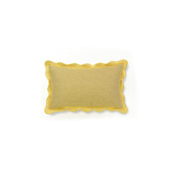 Rectangular throw pillow with a wave-like scallop trim and an embroidered scallop pattern in yellow and tan.