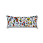 Lumbar pillow with a floral appliqué pattern on a jacquard fabric with a blue and white diamond print.
