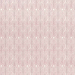 Detail of wallpaper in an art deco damask print in pink on a white field.