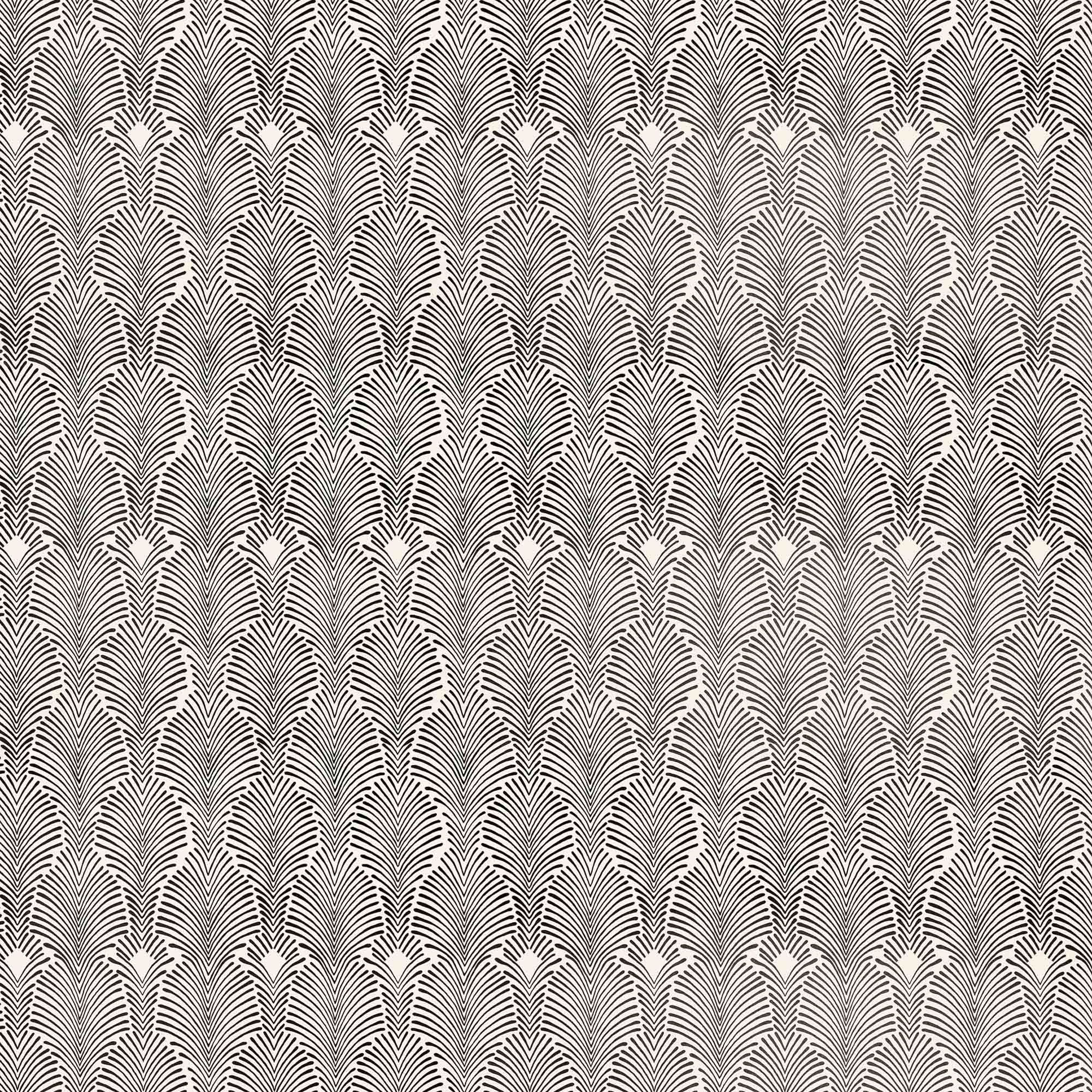 Detail of wallpaper in an art deco damask print in black on a white field.