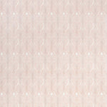 Detail of wallpaper in an art deco damask print in dusty rose on a white field.