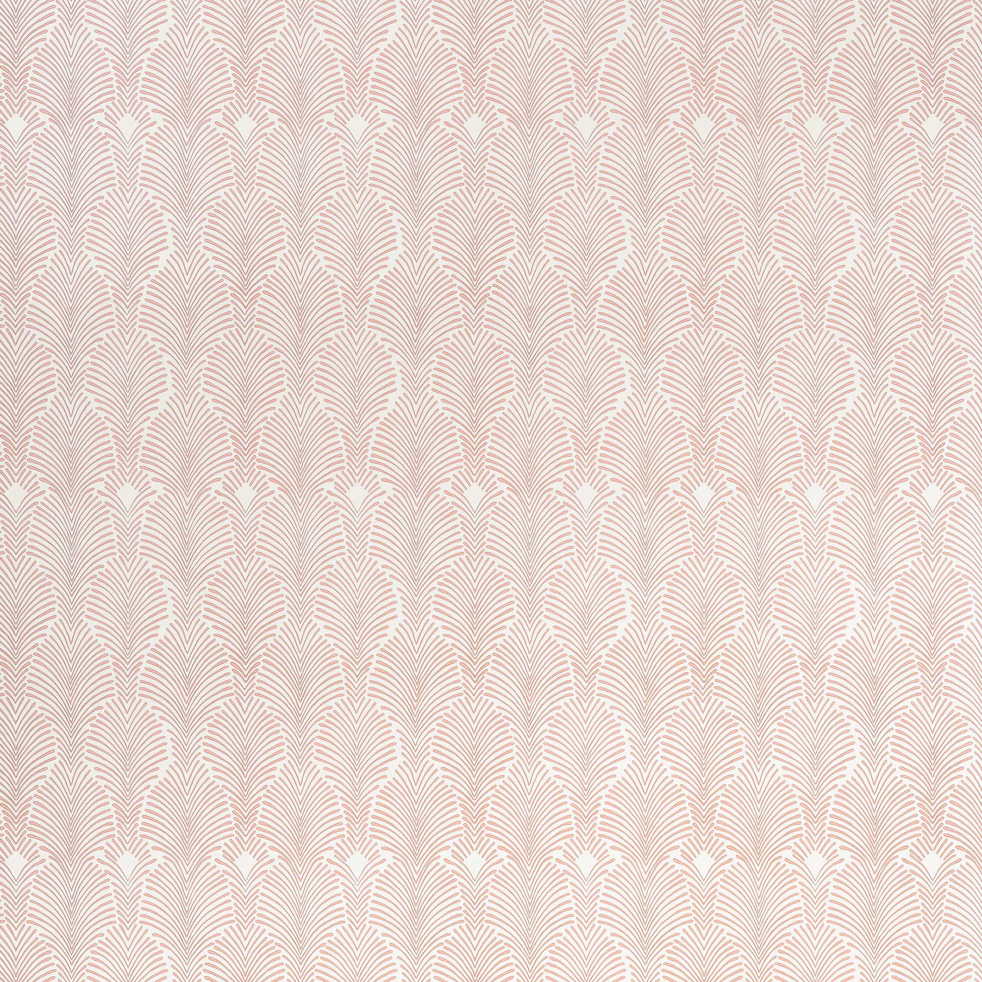 Detail of wallpaper in an art deco damask print in dusty rose on a white field.