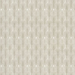 Detail of wallpaper in an art deco damask print in tan on a white field.