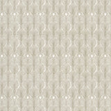 Detail of wallpaper in an art deco damask print in tan on a white field.