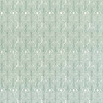 Detail of wallpaper in an art deco damask print in turquoise on a white field.