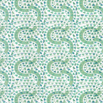 Detail of wallpaper in a meandering botanical stripe in shades of blue and green on a white field.