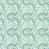 Detail of wallpaper in a meandering botanical stripe in shades of blue and green on a white field.