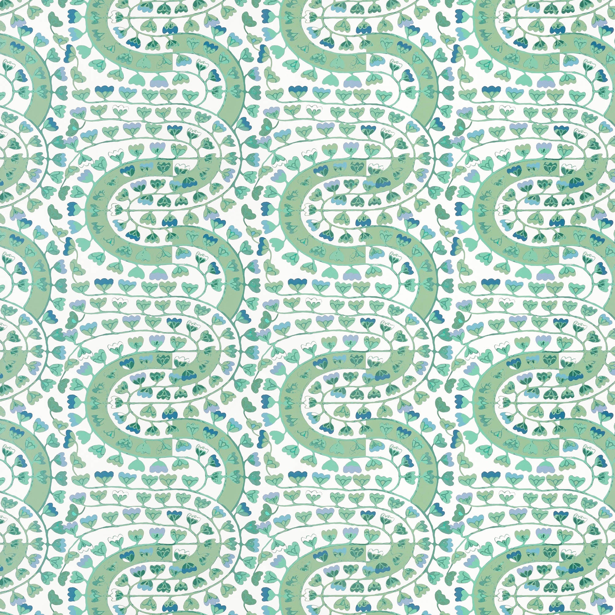 Detail of wallpaper in a meandering botanical stripe in shades of blue and green on a white field.