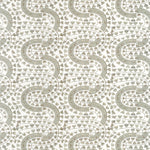 Detail of wallpaper in a meandering botanical stripe in shades of gray and brown on a white field.