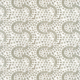 Detail of wallpaper in a meandering botanical stripe in shades of gray and brown on a white field.