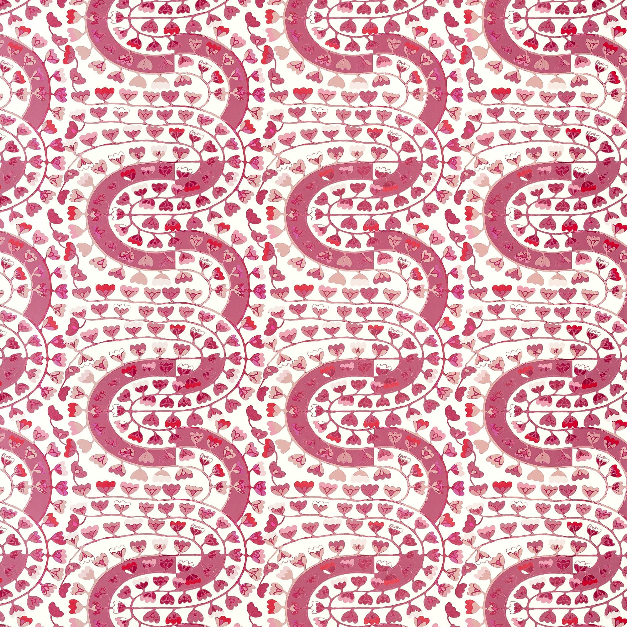 Detail of wallpaper in a meandering botanical stripe in shades of pink and red on a white field.