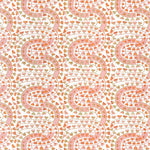 Detail of wallpaper in a meandering botanical stripe in shades of coral and green on a white field.