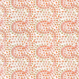 Detail of wallpaper in a meandering botanical stripe in shades of coral and green on a white field.