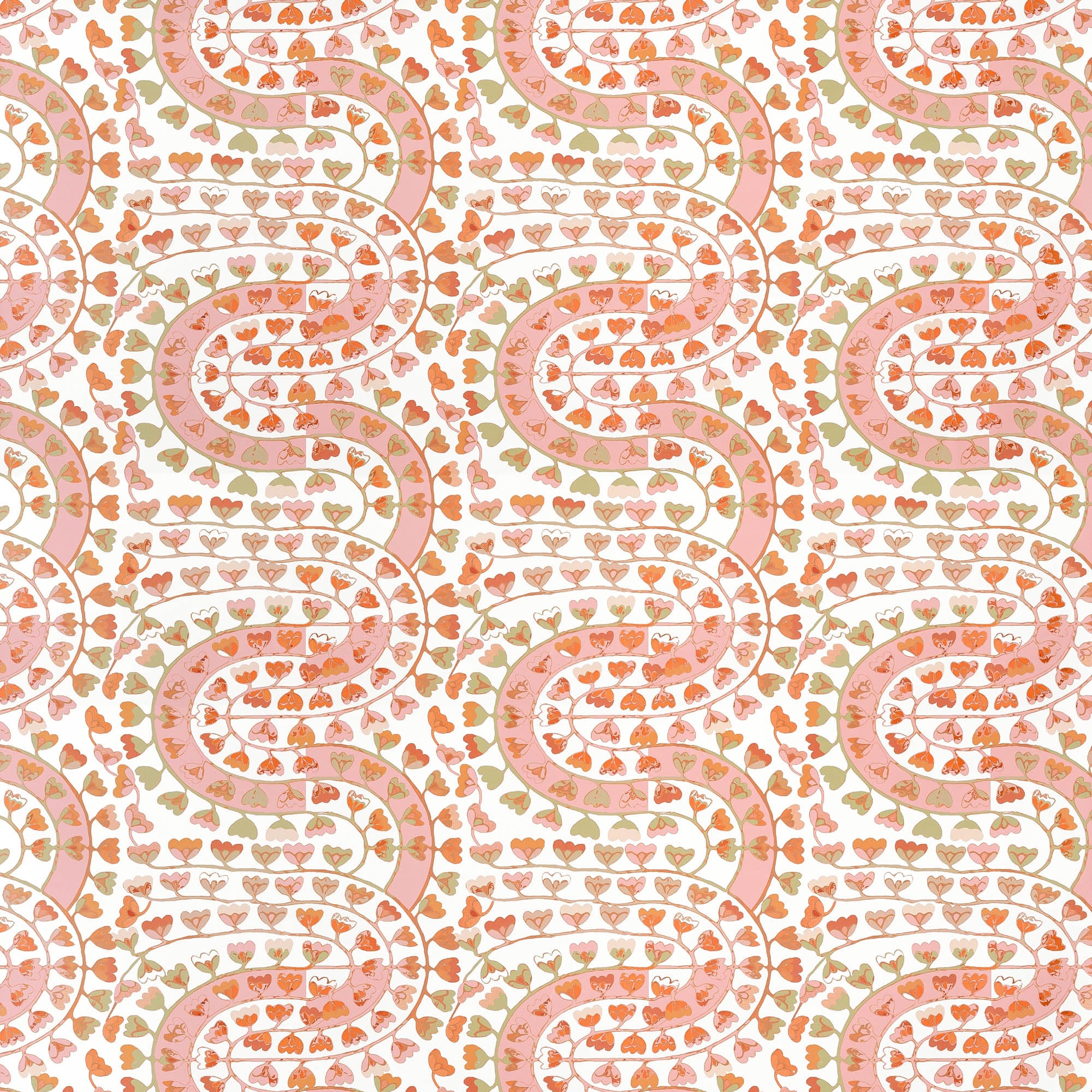 Detail of wallpaper in a meandering botanical stripe in shades of coral and green on a white field.