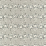 Detail of wallpaper in a playful hamsa hand print in cream and gray on a tan field.