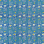 Detail of wallpaper in a playful hamsa hand print in white, navy and yellow on a blue field.