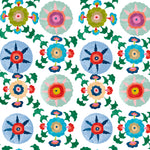 Detail of wallpaper in a playful floral pattern in a rainbow of colors on a white field.