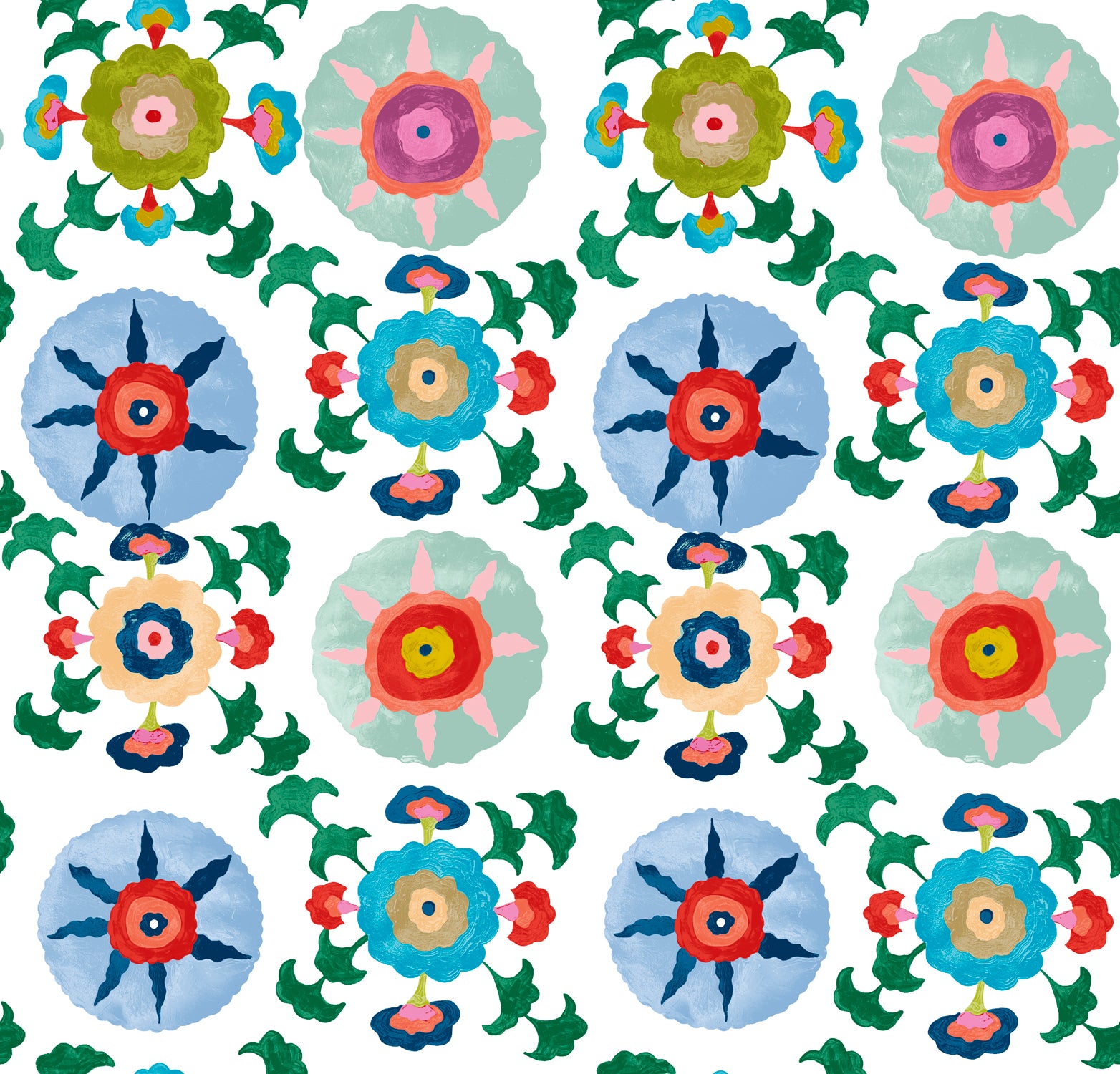 Detail of wallpaper in a playful floral pattern in a rainbow of colors on a white field.