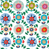 Detail of wallpaper in a playful floral pattern in a rainbow of colors on a white field.