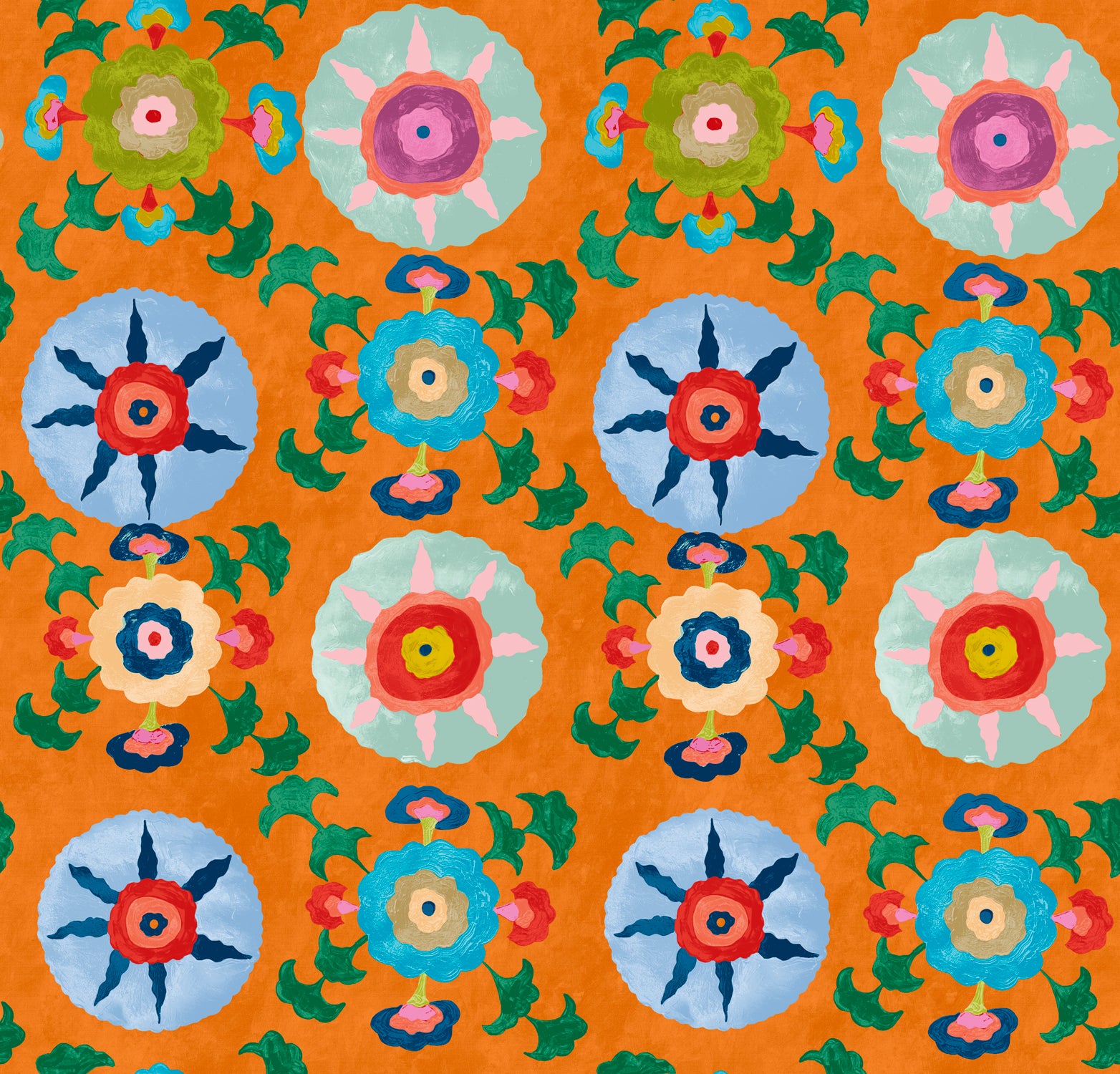 Detail of wallpaper in a playful floral pattern in a rainbow of colors on an orange field.