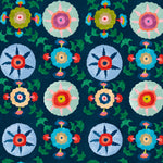 Detail of wallpaper in a playful floral pattern in a rainbow of colors on a navy field.